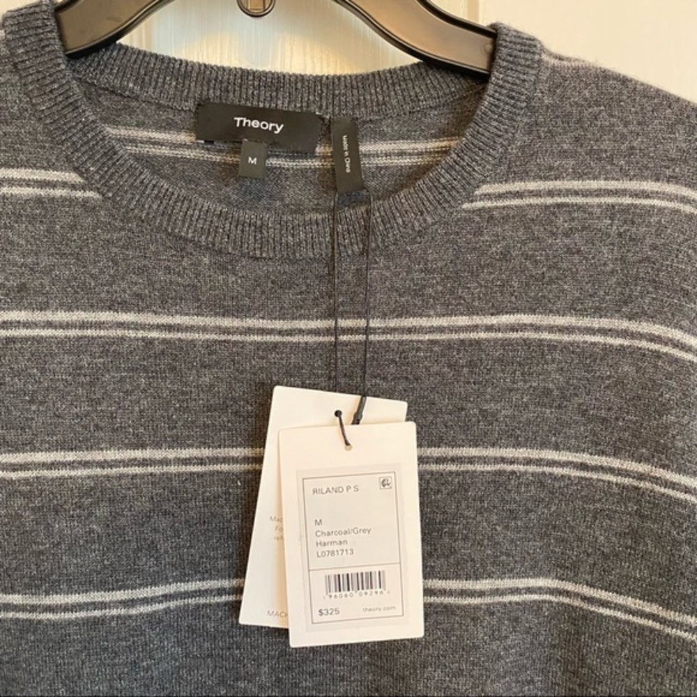 THEORY Riland Striped Wool Blend Pullover Sweater in Charcoal/Grey Size M - Picture 10 of 10